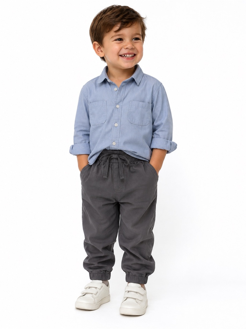 Kids Charcoal Elastic-Waist Jogger Pants & blue bottom down shirt.